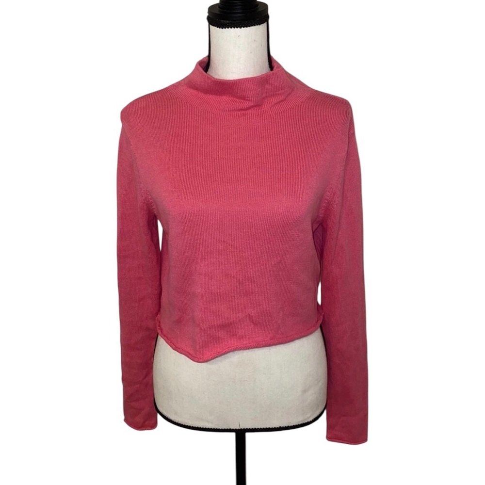 Y2K Old Navy Neon Pink Ribbed Cropped Mock Neck Sweater Women M - Picture 2 of 4